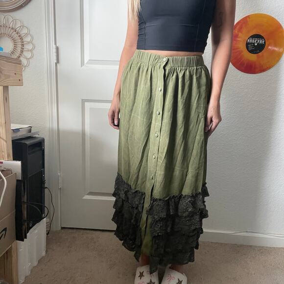 Clothes Horse Dresses & Skirts - Vintage Clothes Horse Olive Green Prairie Button Front Tiered Lace Skirt Sz S